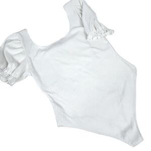 Plus Sz Ribbed Knit Bodysuit Puffed Sleeve Forever 21 Scooped Neckline Cream 1X